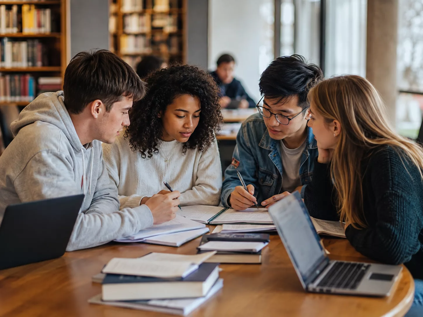 Fotografía institucional genérica de estudiantes en biblioteca